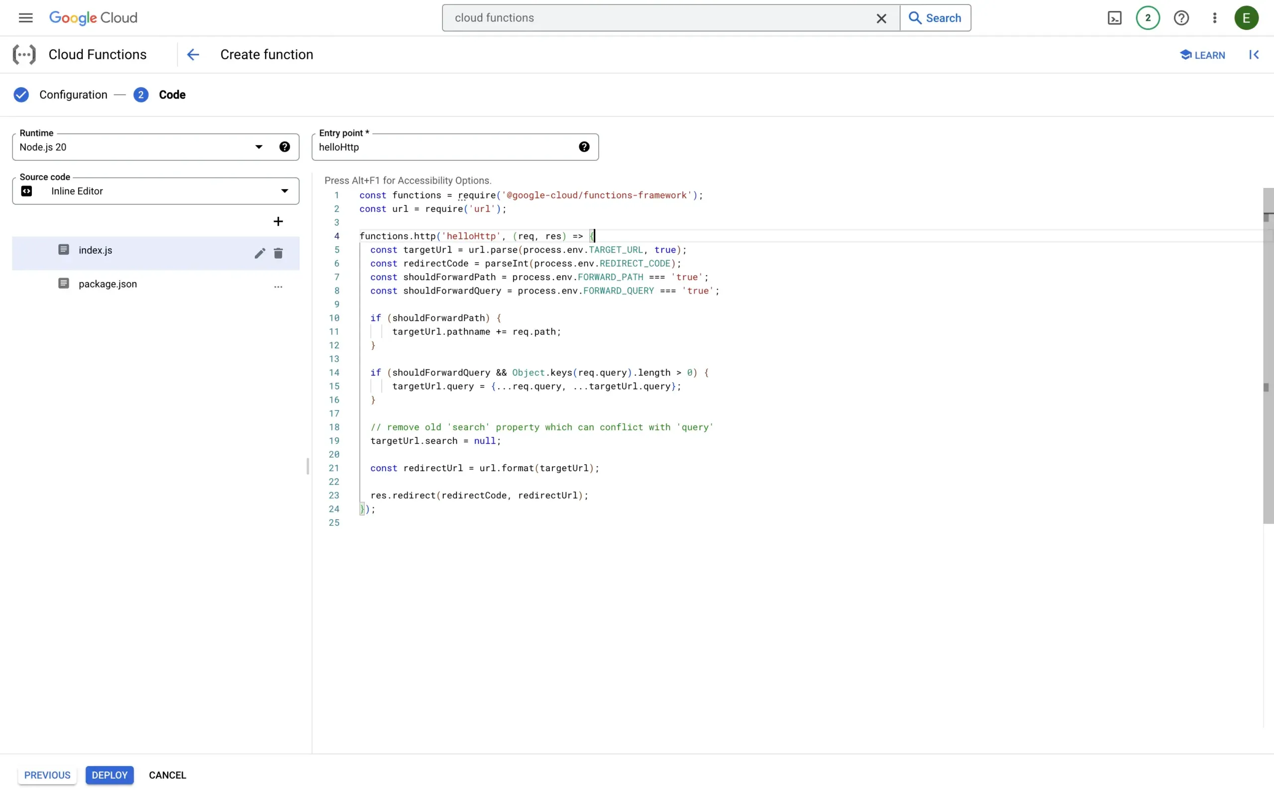 Pasting the code in the cloud function creation UI