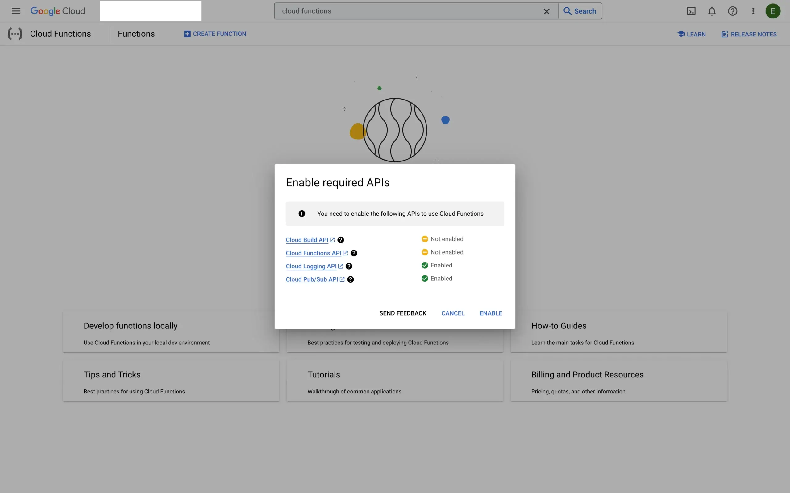 Enabling the required APIs for Cloud Functions