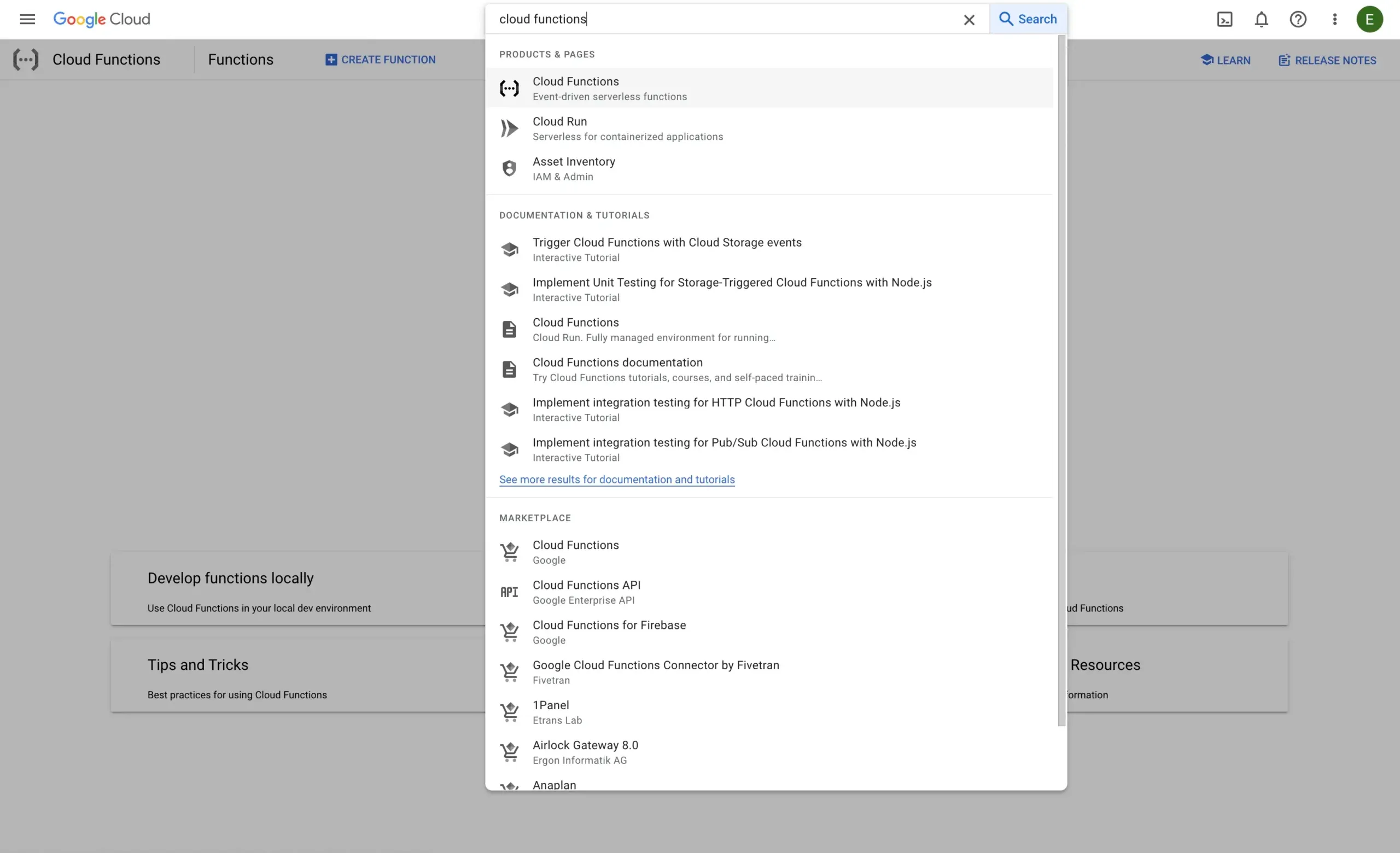 Finding the cloud functions in the Google Cloud Panel
