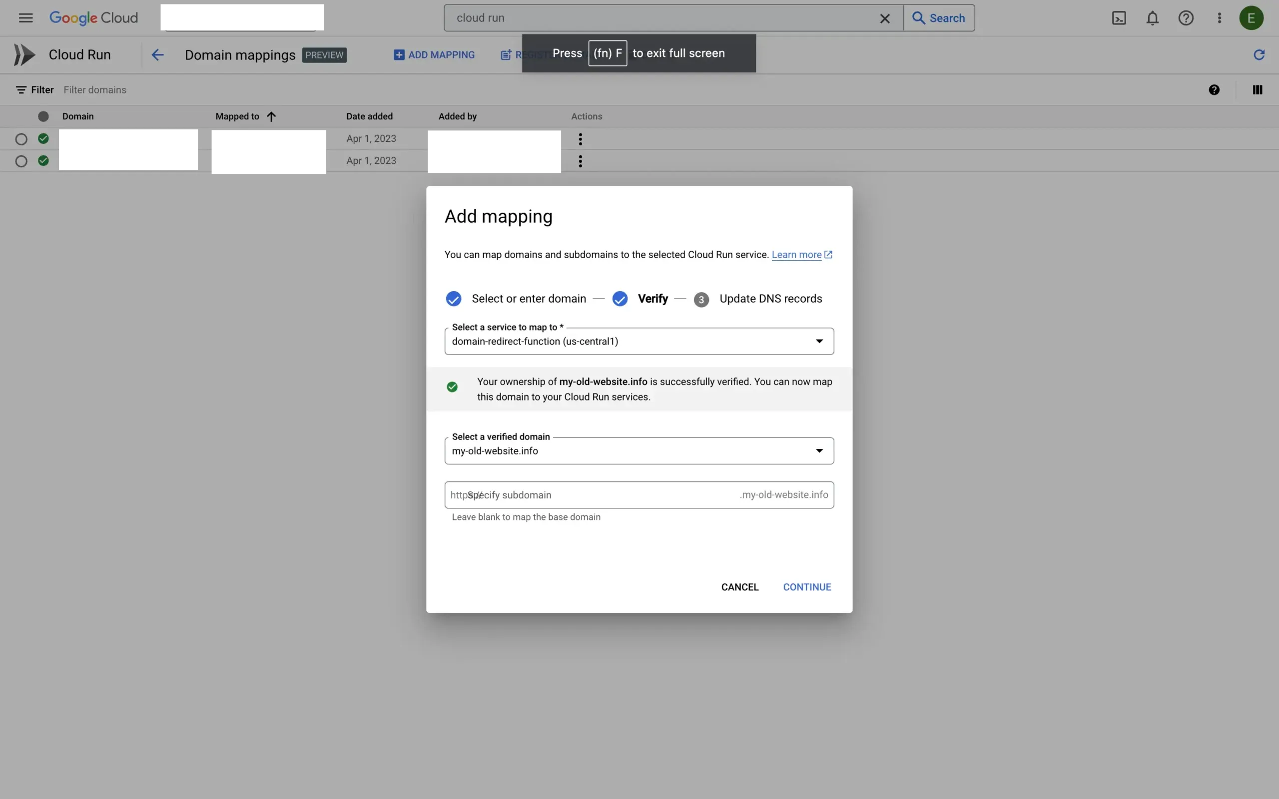Finalising the custom domain mapping