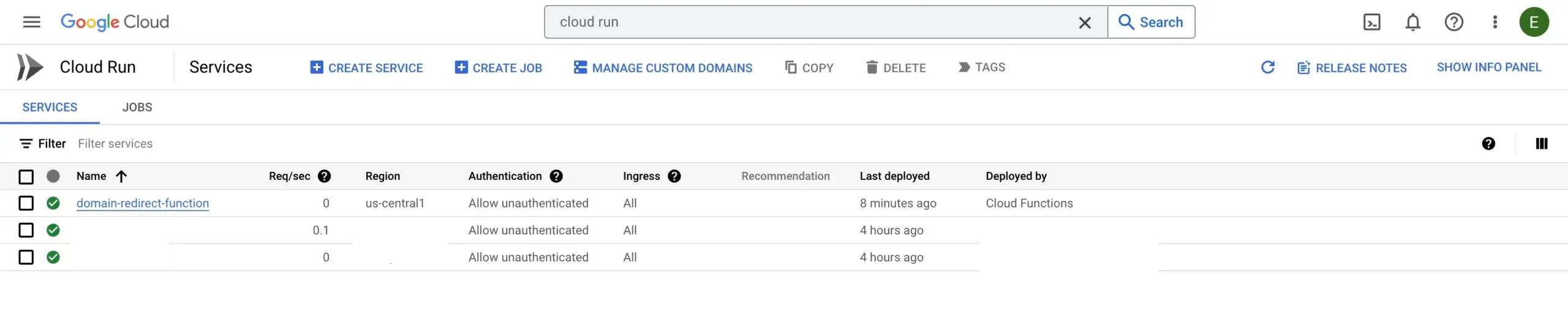 List of existing Cloud Run services