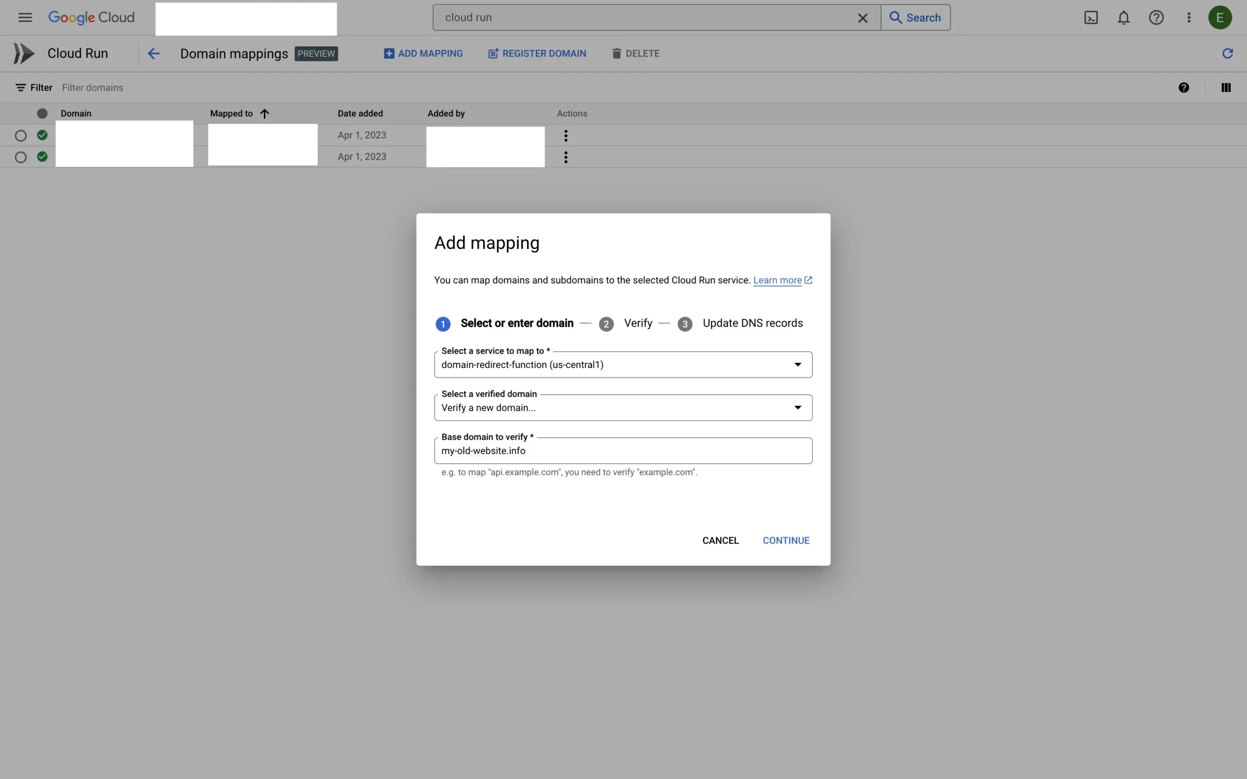 Creating a custom domain mapping for the cloud function
