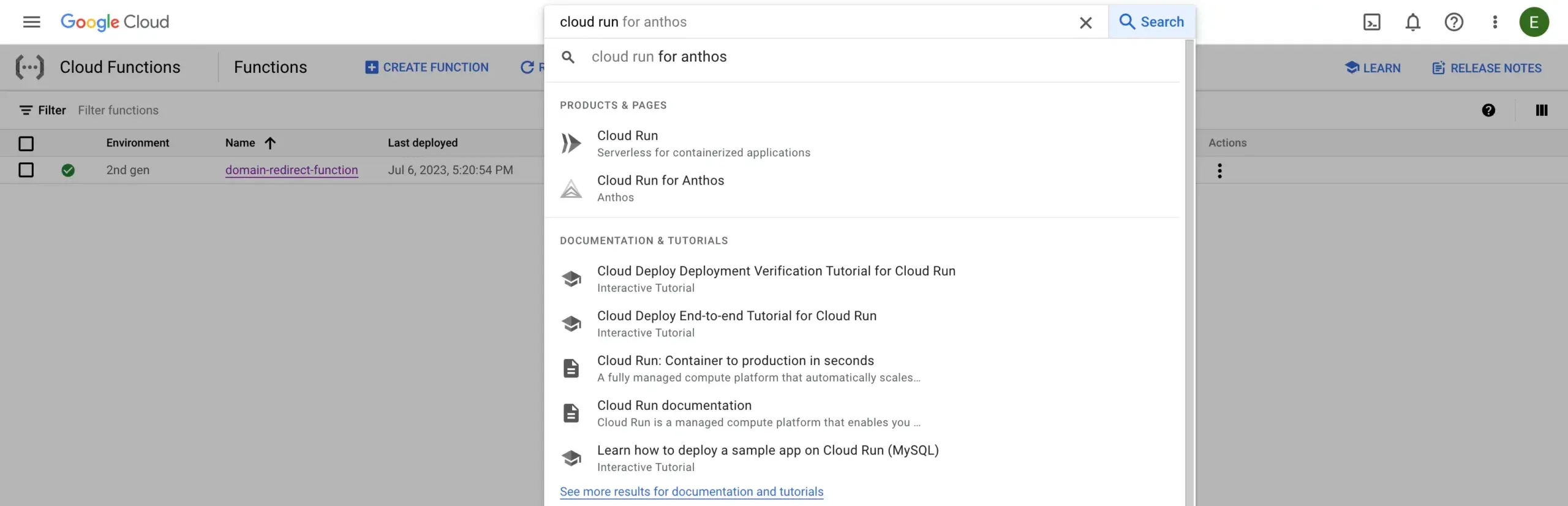Finding Cloud Run using search