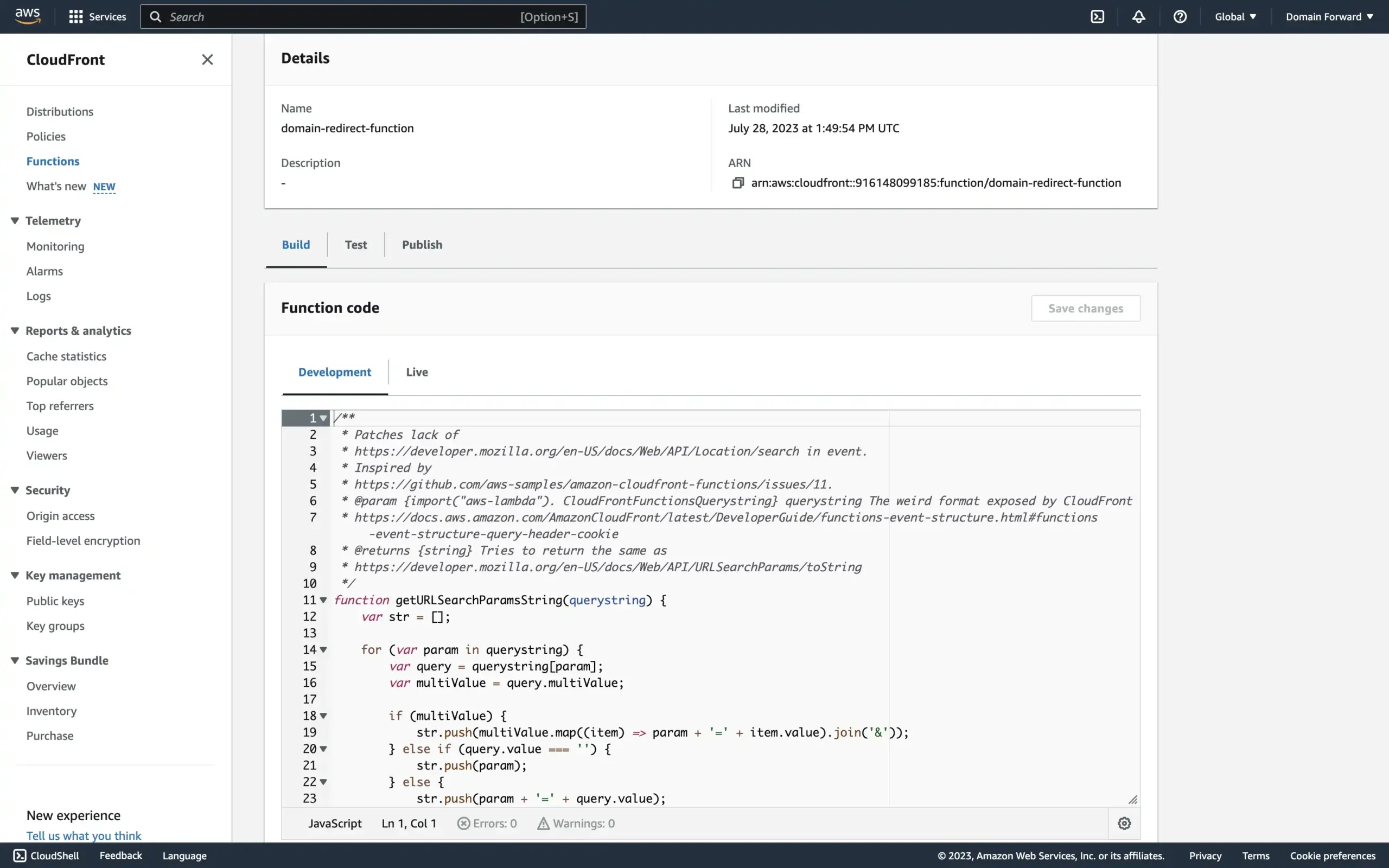 CloudFront function paste the code