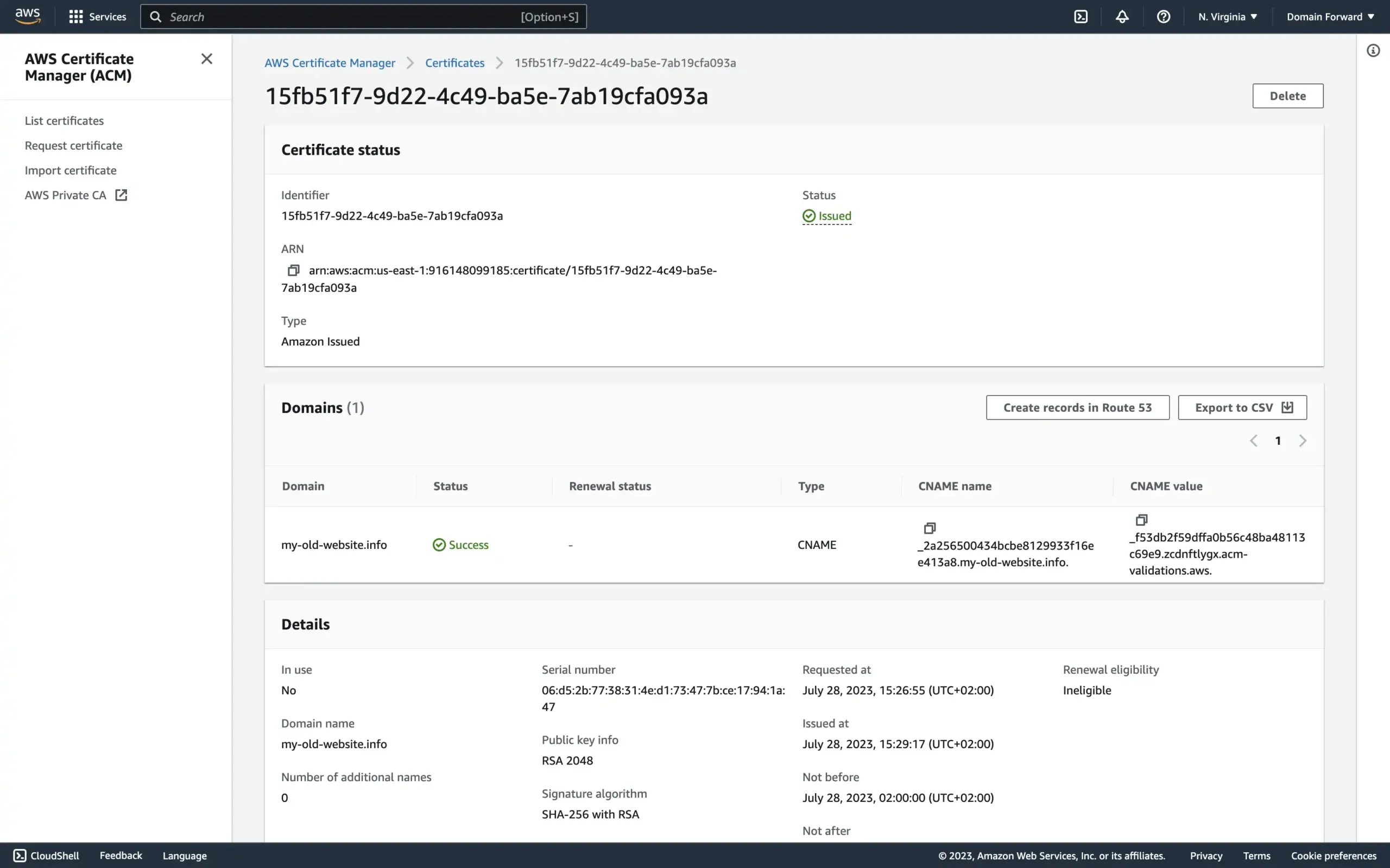 CloudFront certificate issued