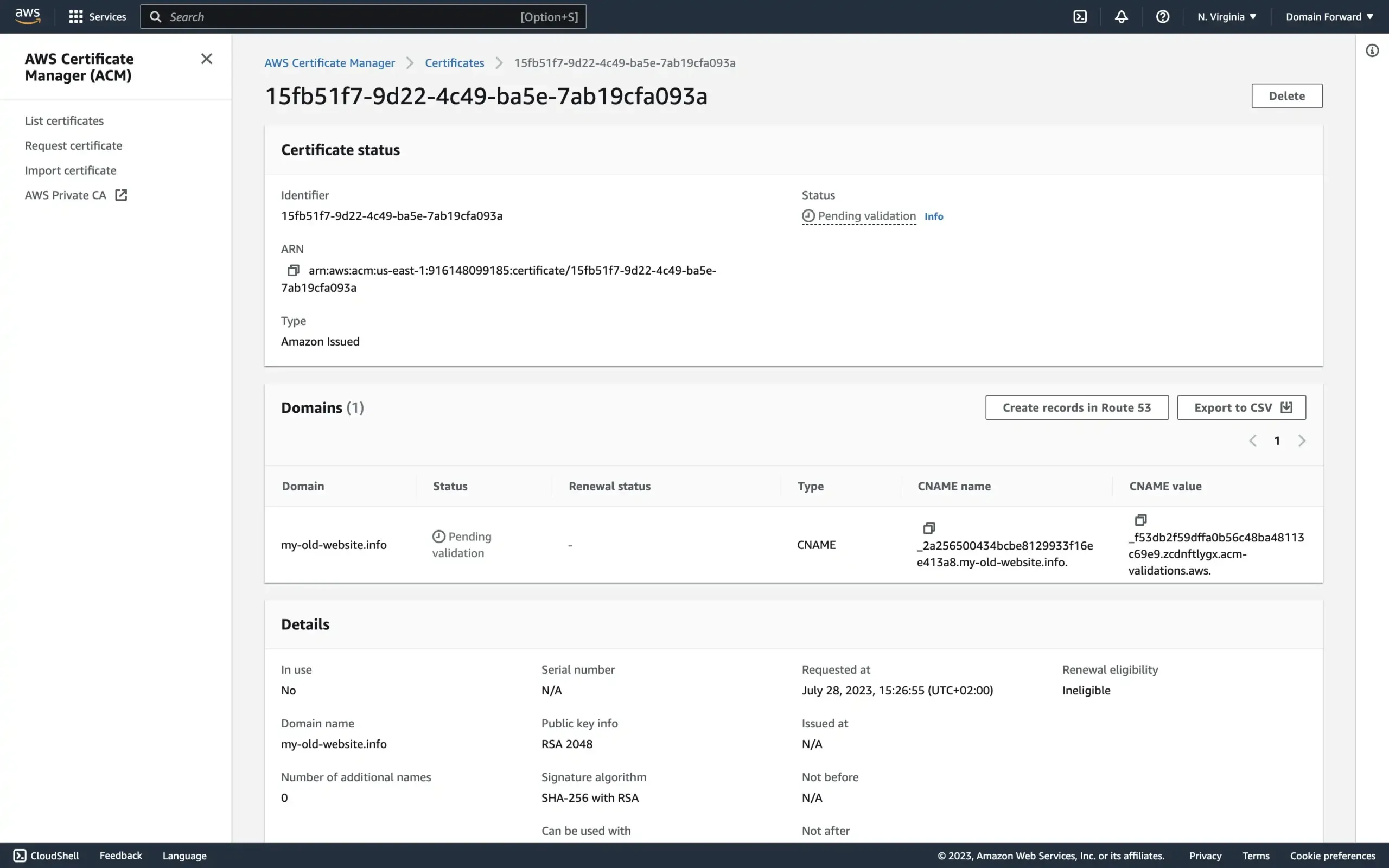 CloudFront pending certificate DNS settings