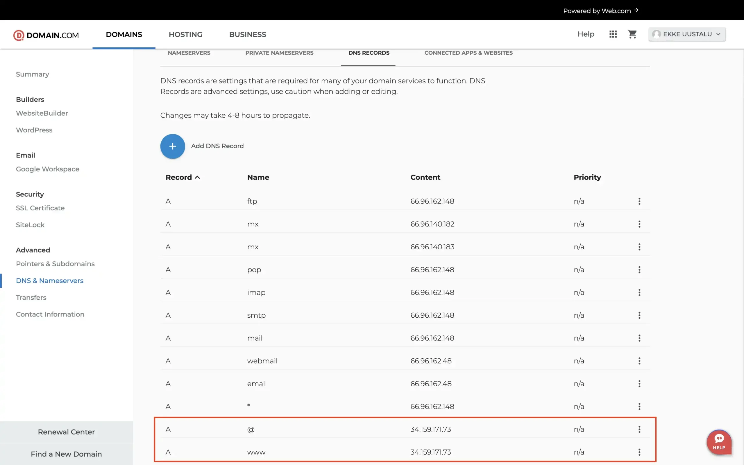 Domain.com DNS records after configuration