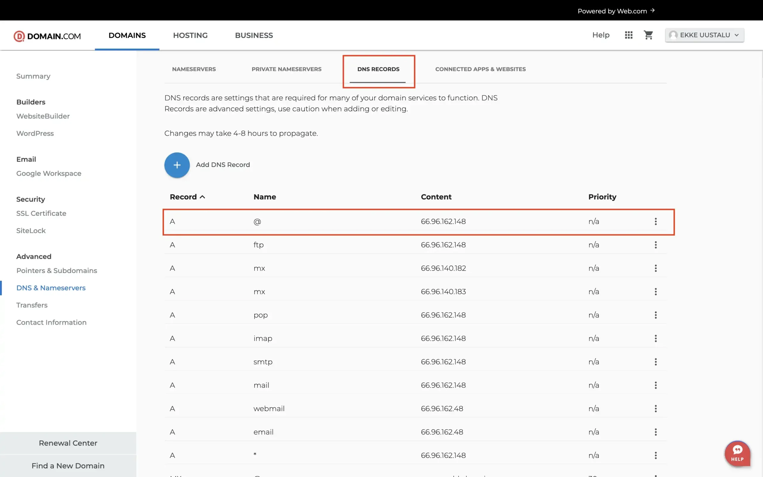 Domain.com DNS entries before redirection has been configured