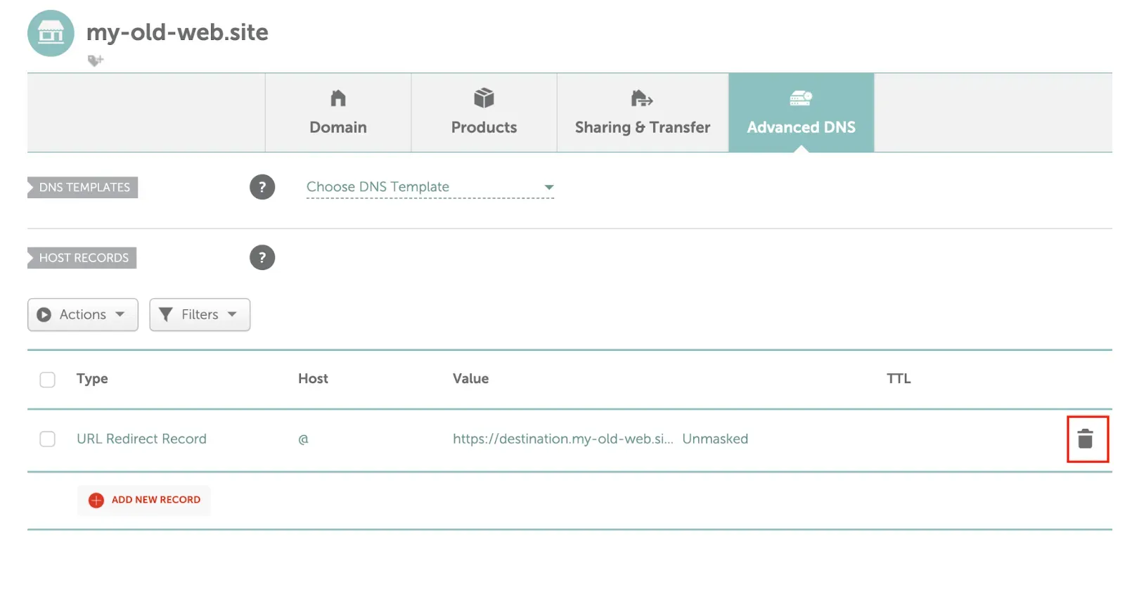 Namecheap delete old redirect