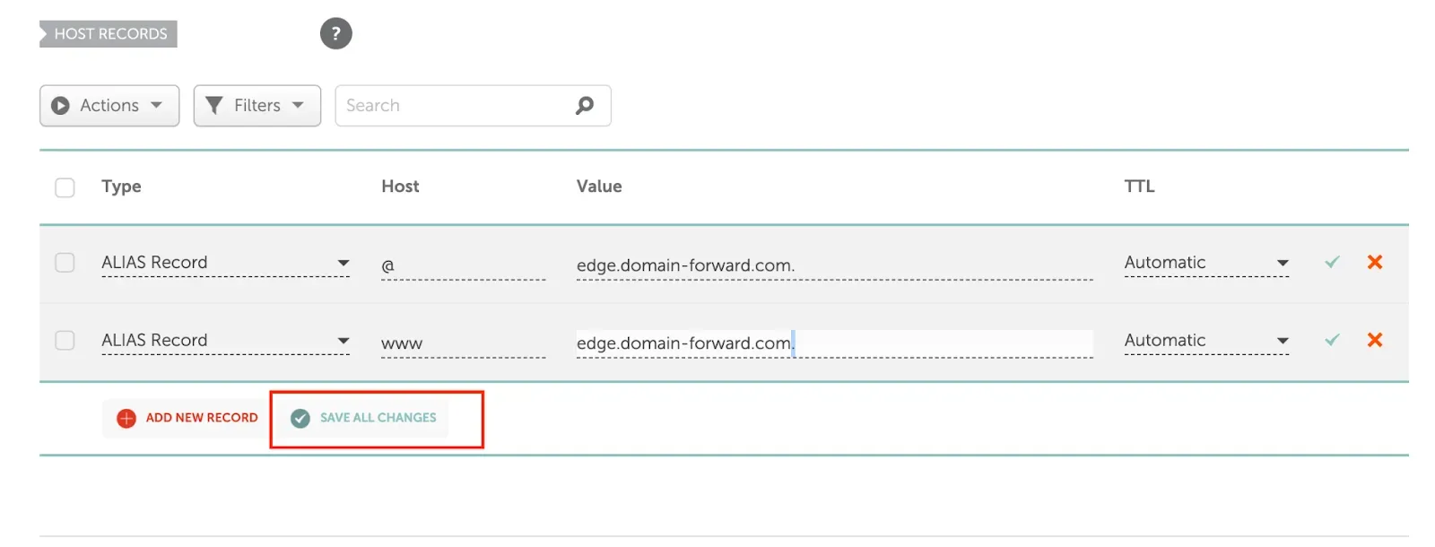 Namecheap save all changes in the advanced DNS configuration view