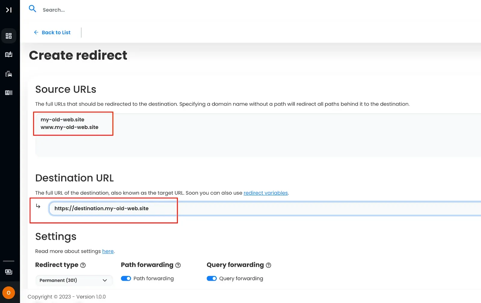 Domain forward redirect configuration