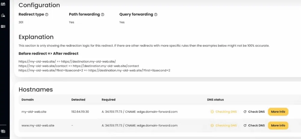 Domain forward pending DNS settings