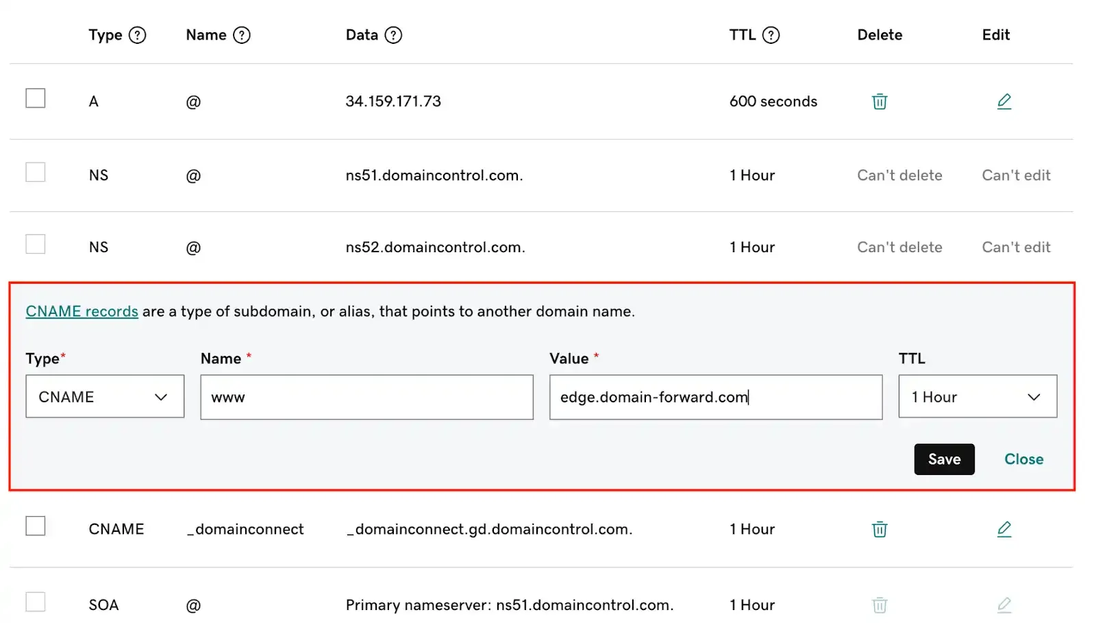 GoDaddy CNAME record changing
