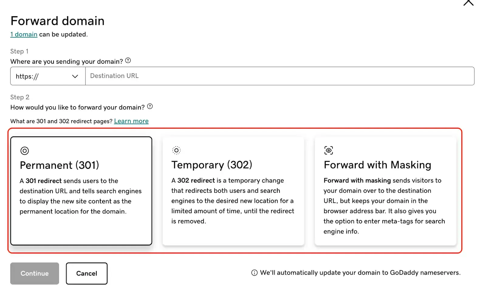 GoDaddy domain forward type selection