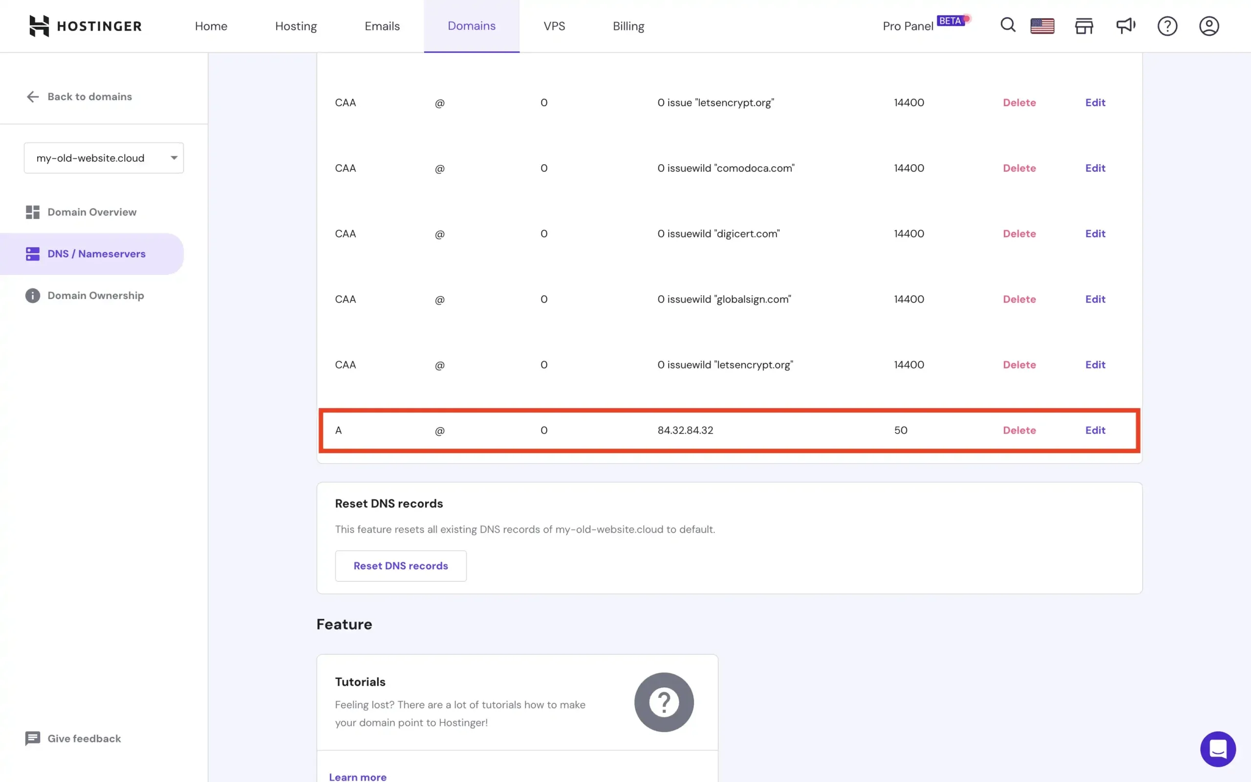 Hostinger DNS records showing old A record to edit
