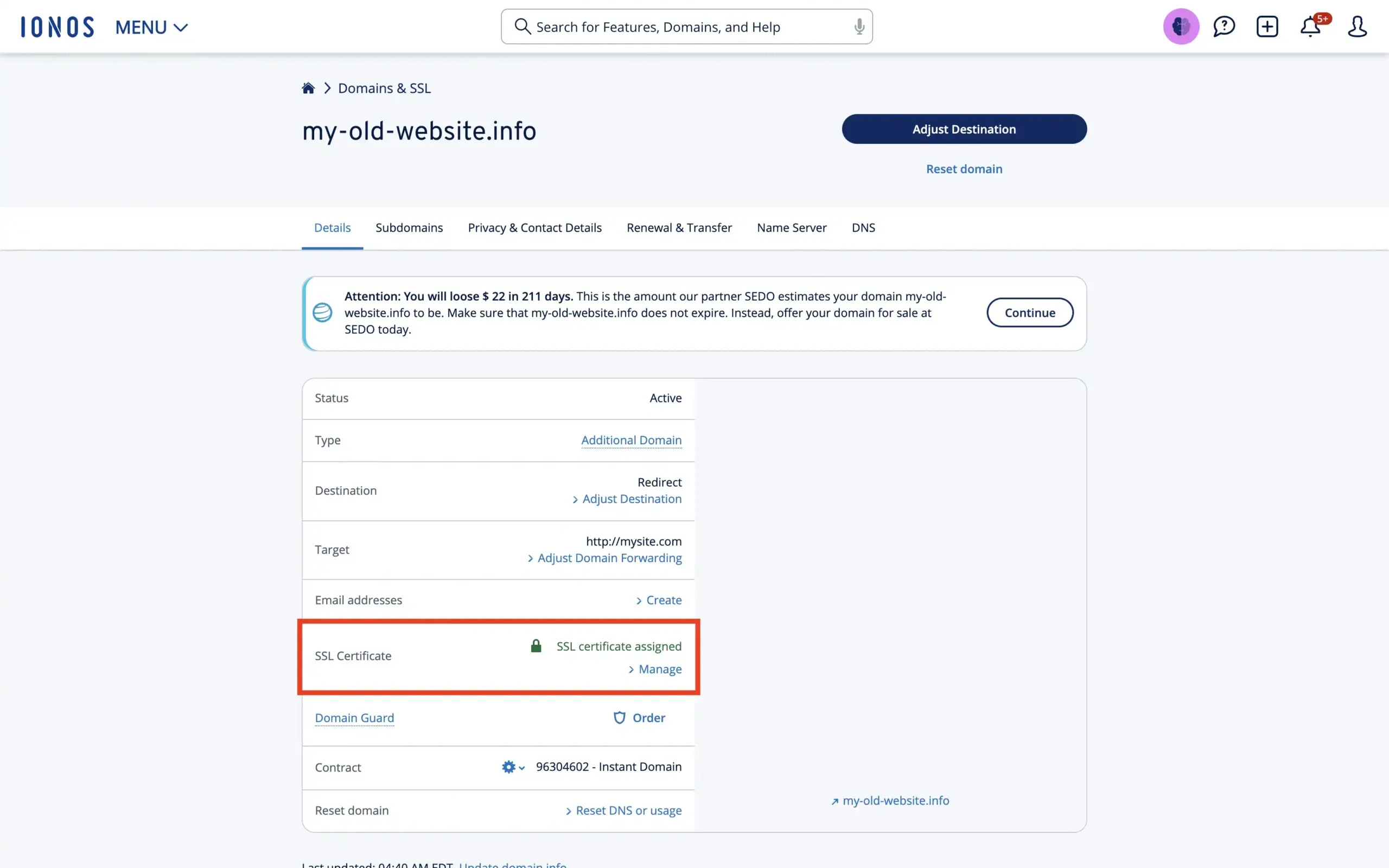 IONOS configure SSL certificates for a redirected domain