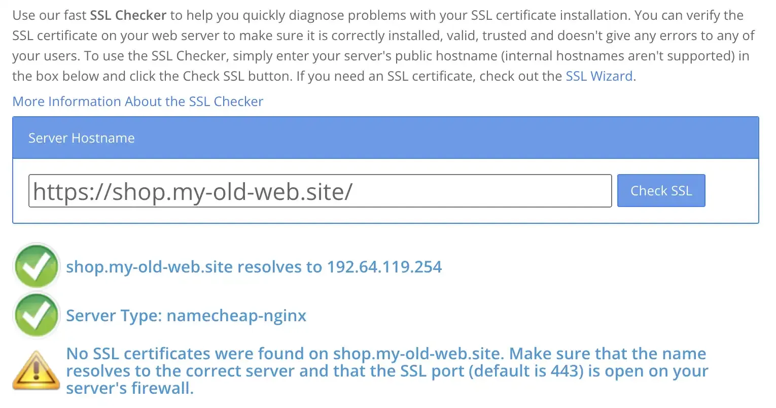 SSL test showing no certificate