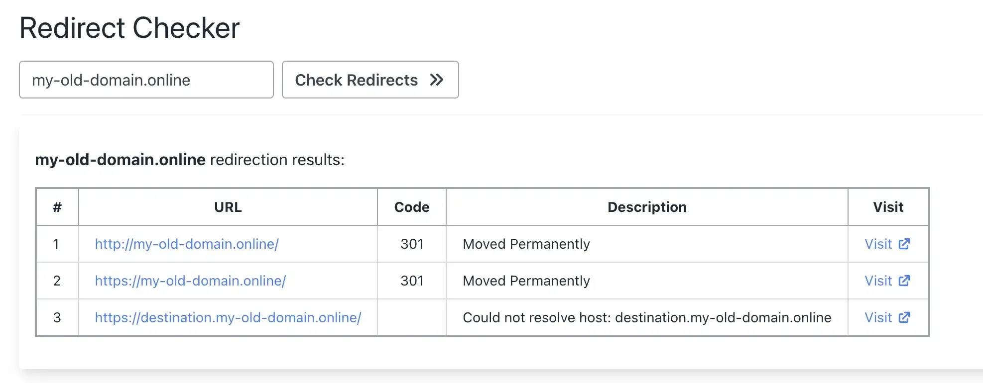 Redirect tester screenshot to verify that redirect works as expected