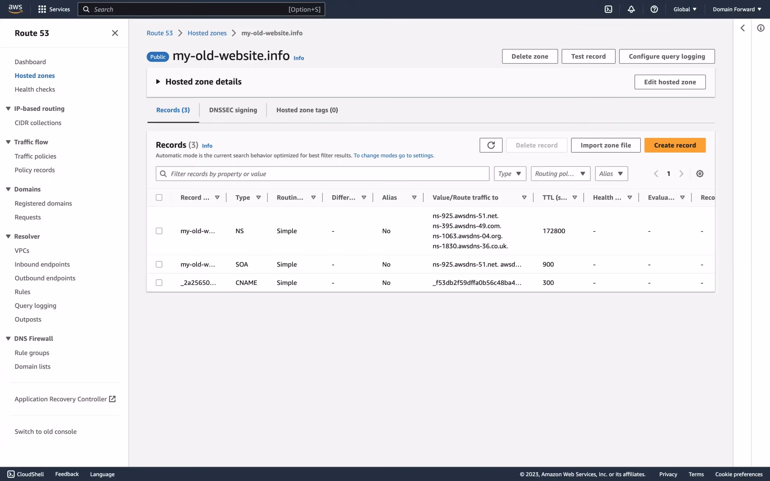 AWS Route 53 DNS zone dashboard