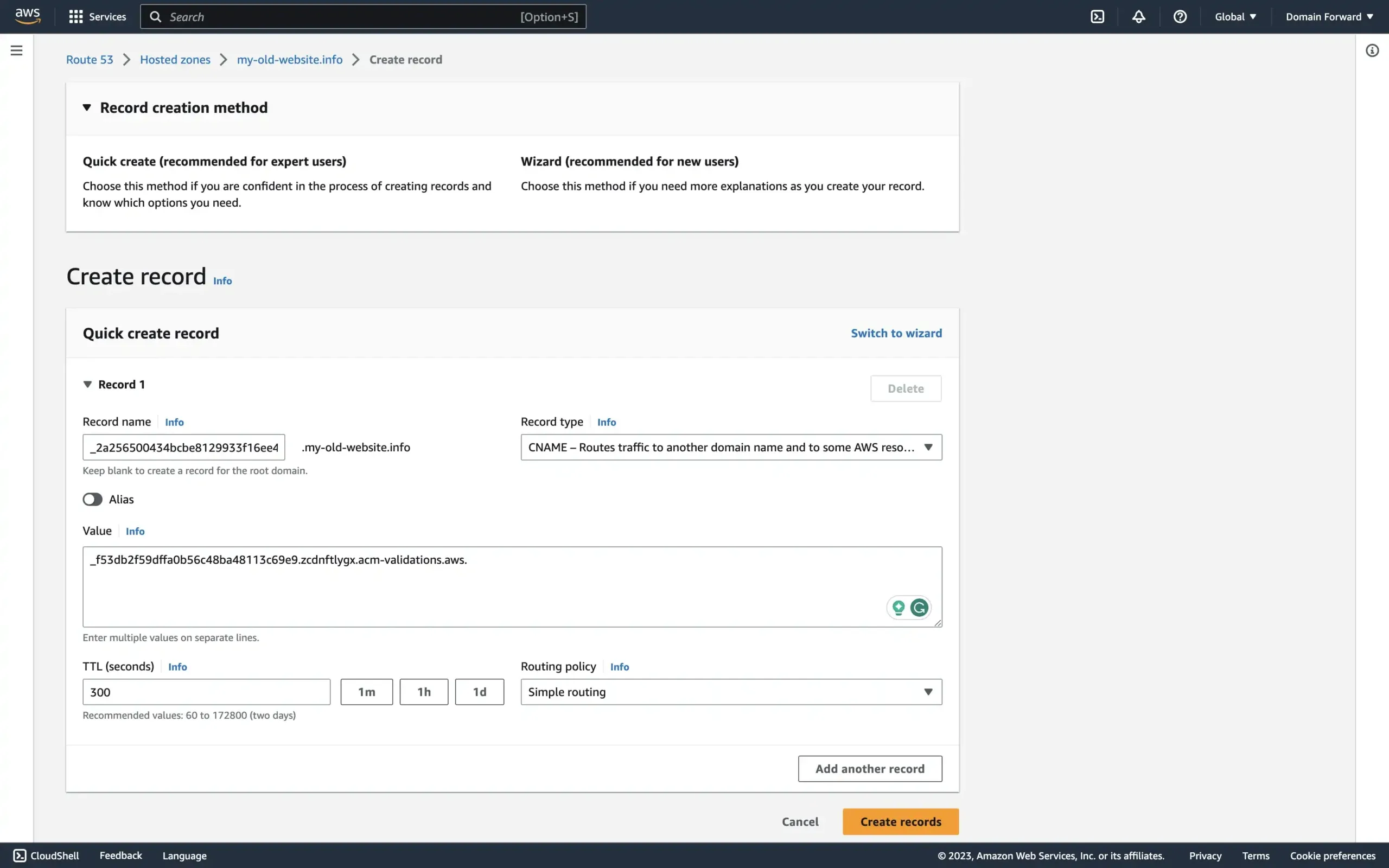 Route53 add CloudFront verification records