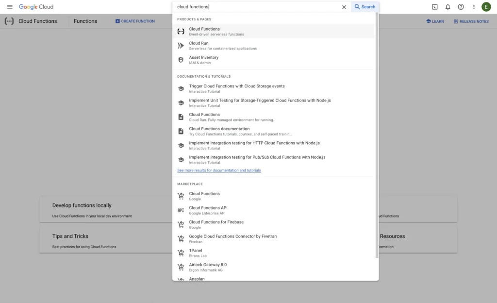 Finding the cloud functions in the Google Cloud Panel