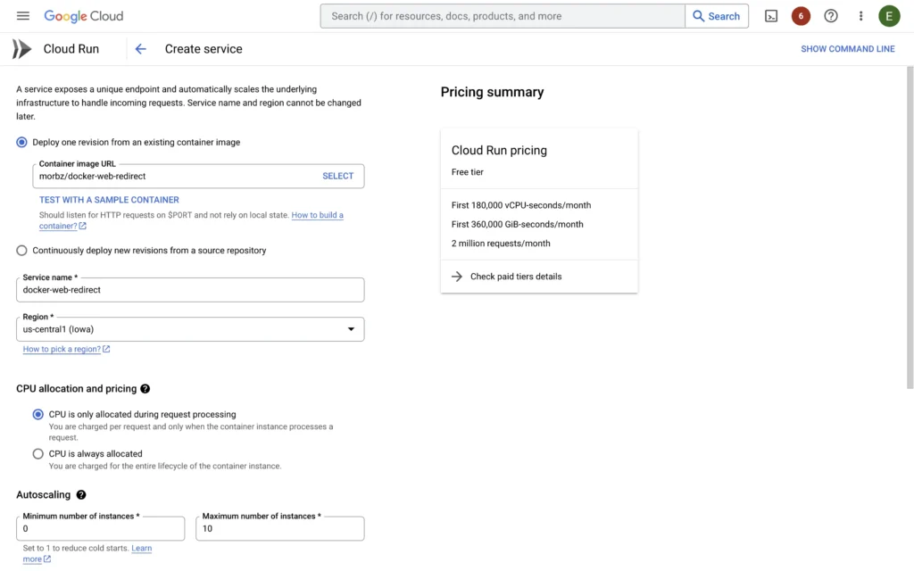 Creating the cloud run service - top configuration