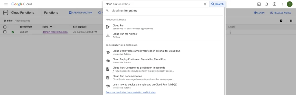 Finding Cloud Run using search