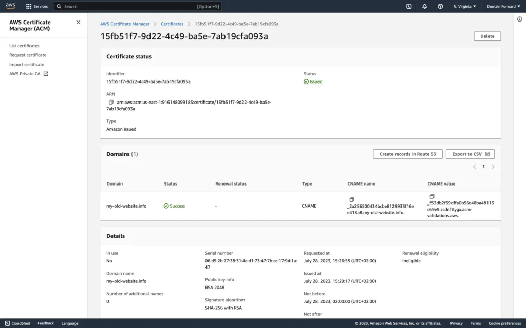 CloudFront certificate issued