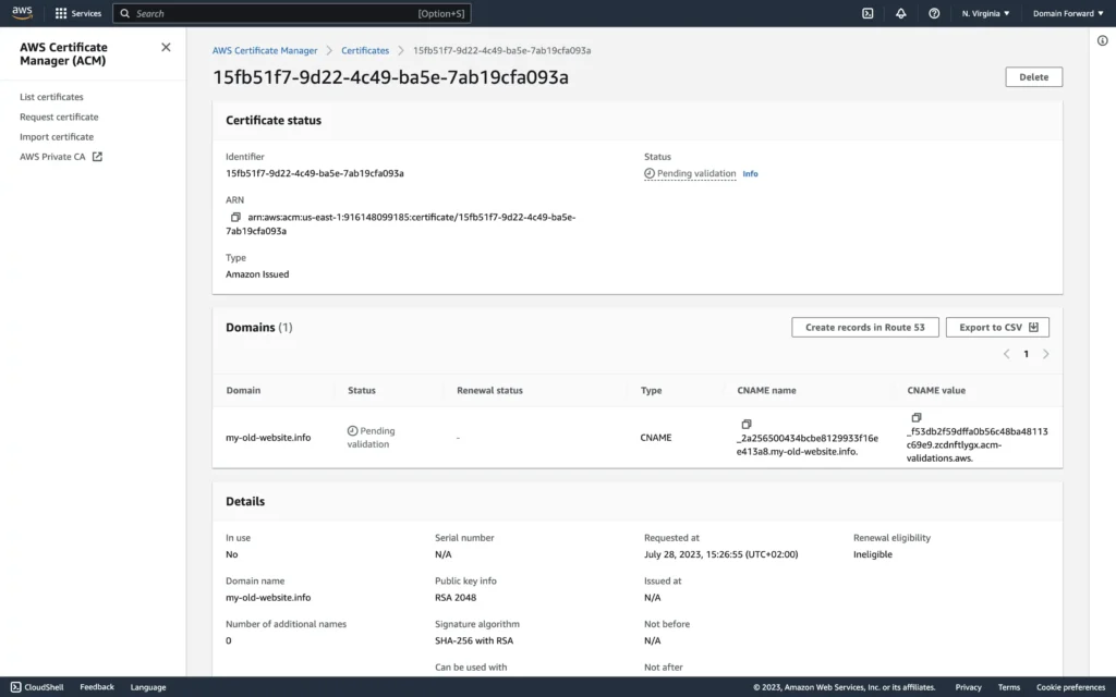 CloudFront pending certificate DNS settings