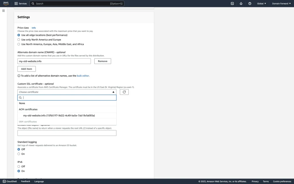 CloudFront distribution select custom SSL certificate