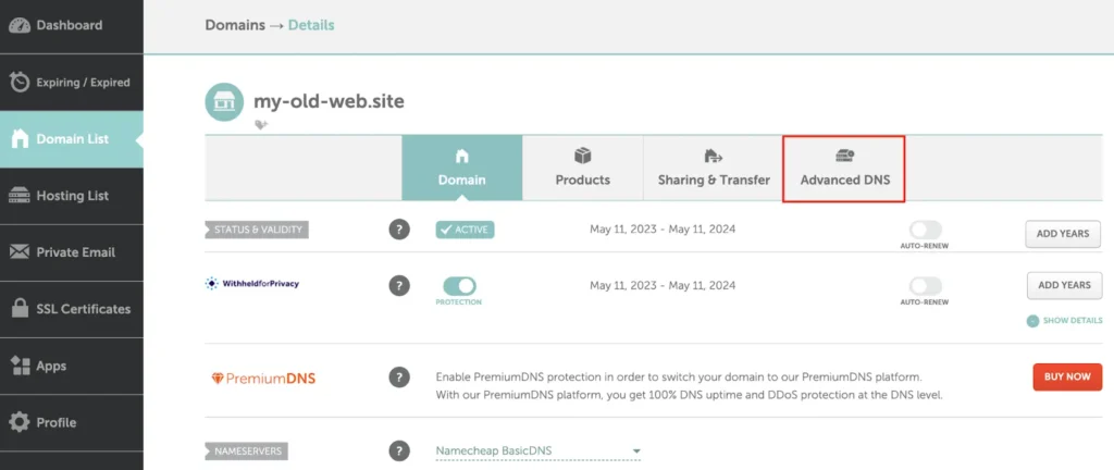 Namecheap go back to advanced DNS