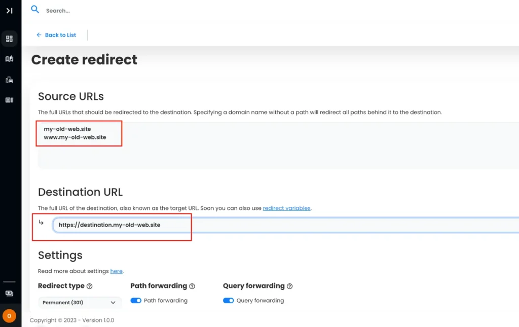 Domain forward redirect configuration