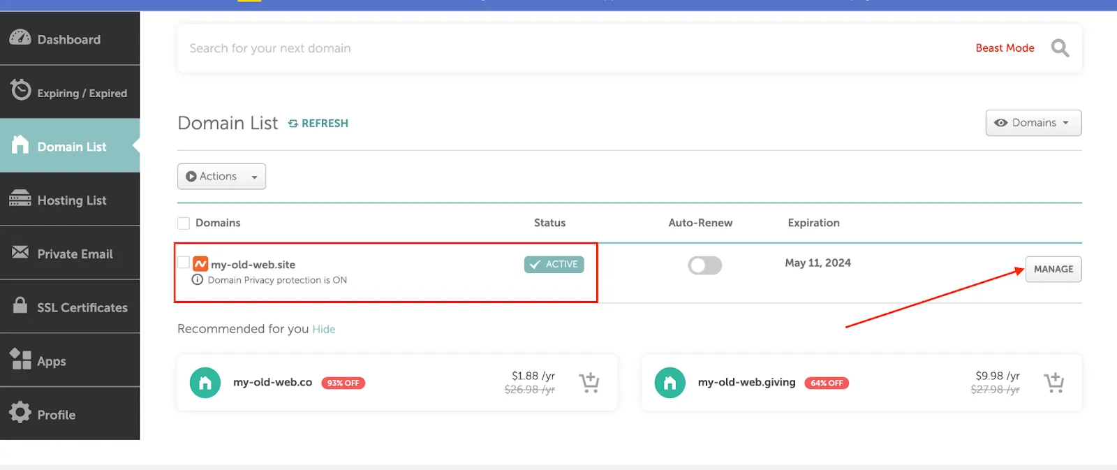 Namecheap manage domain settings