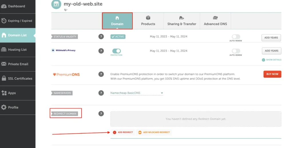 Namecheap domain details -> add domain redirect