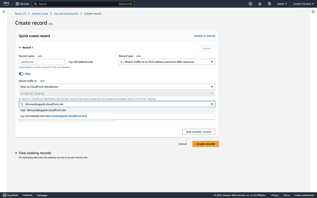 Route53 map domain record to CloudFront distribution