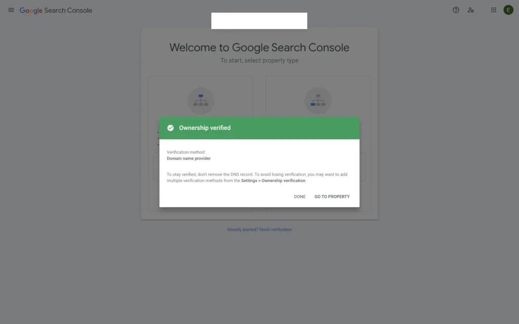 Domain ownership verified in Google Search Console