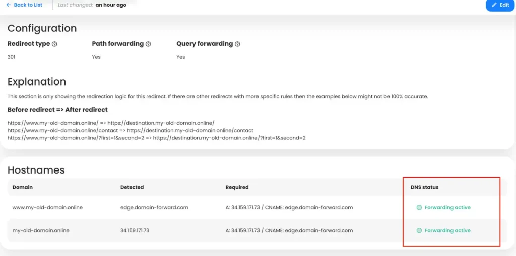 Domain Forward DNS settings confirmed