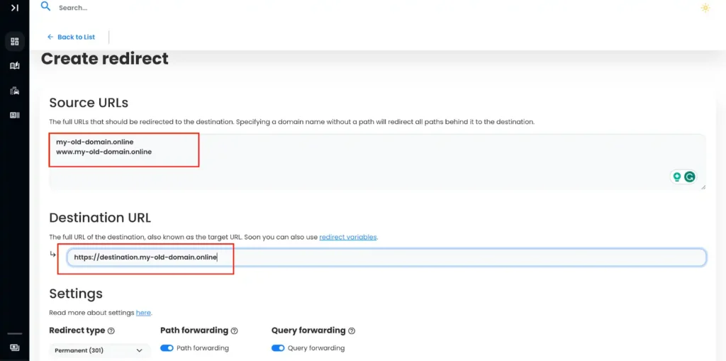 Domain Forward redirect creation