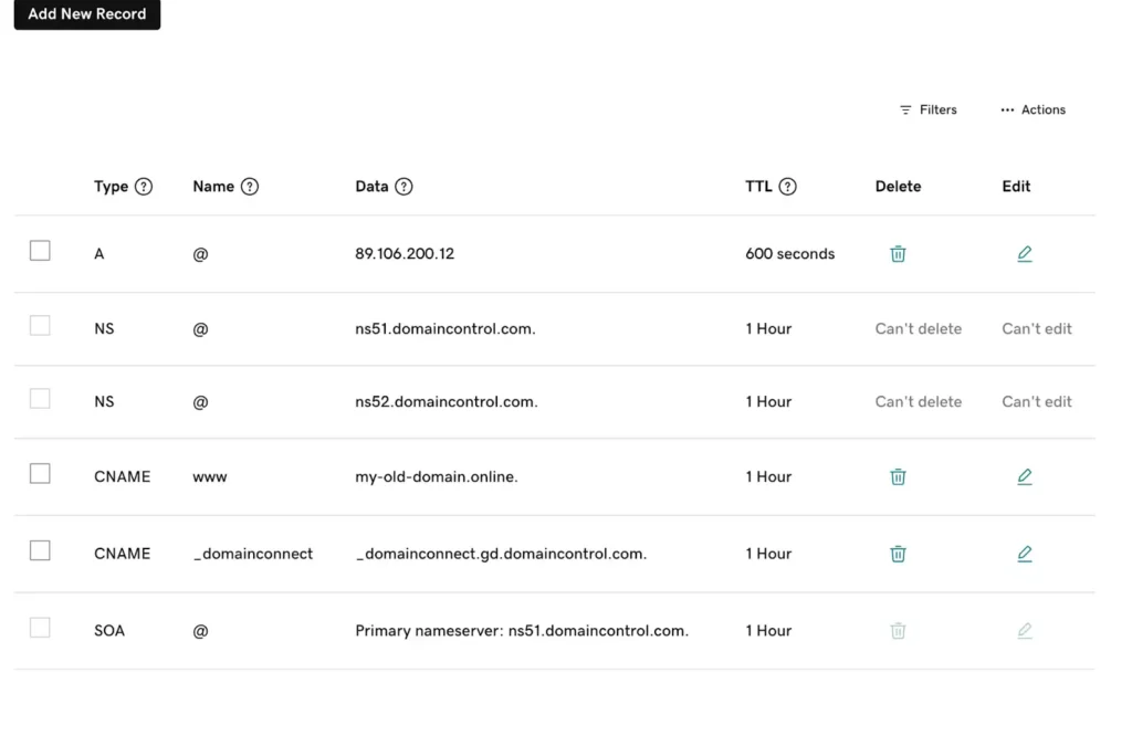 GoDaddy DNS settings before adjustment