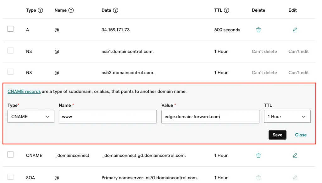 GoDaddy CNAME record changing