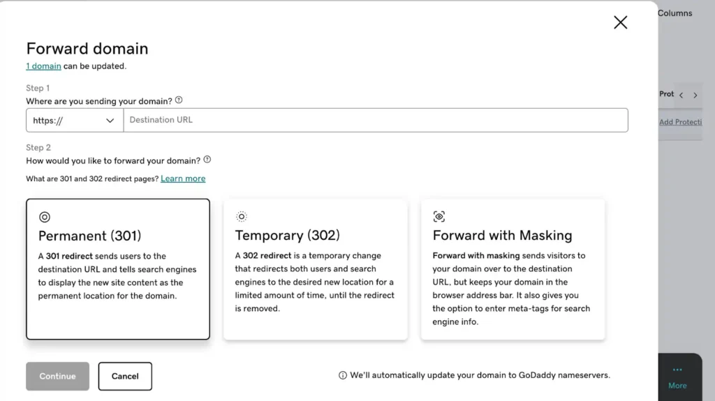 GoDaddy domain forwarding form