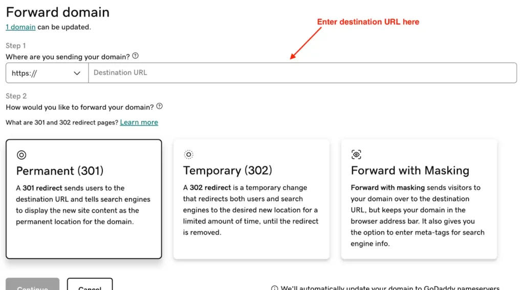 GoDaddy domain forward destination URL window