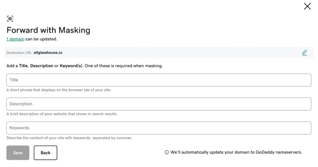 GoDaddy domain forward masking screen