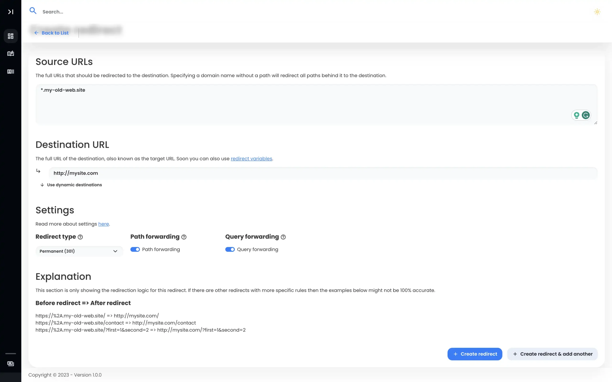 Configuring a wildcard redirect using domain forward