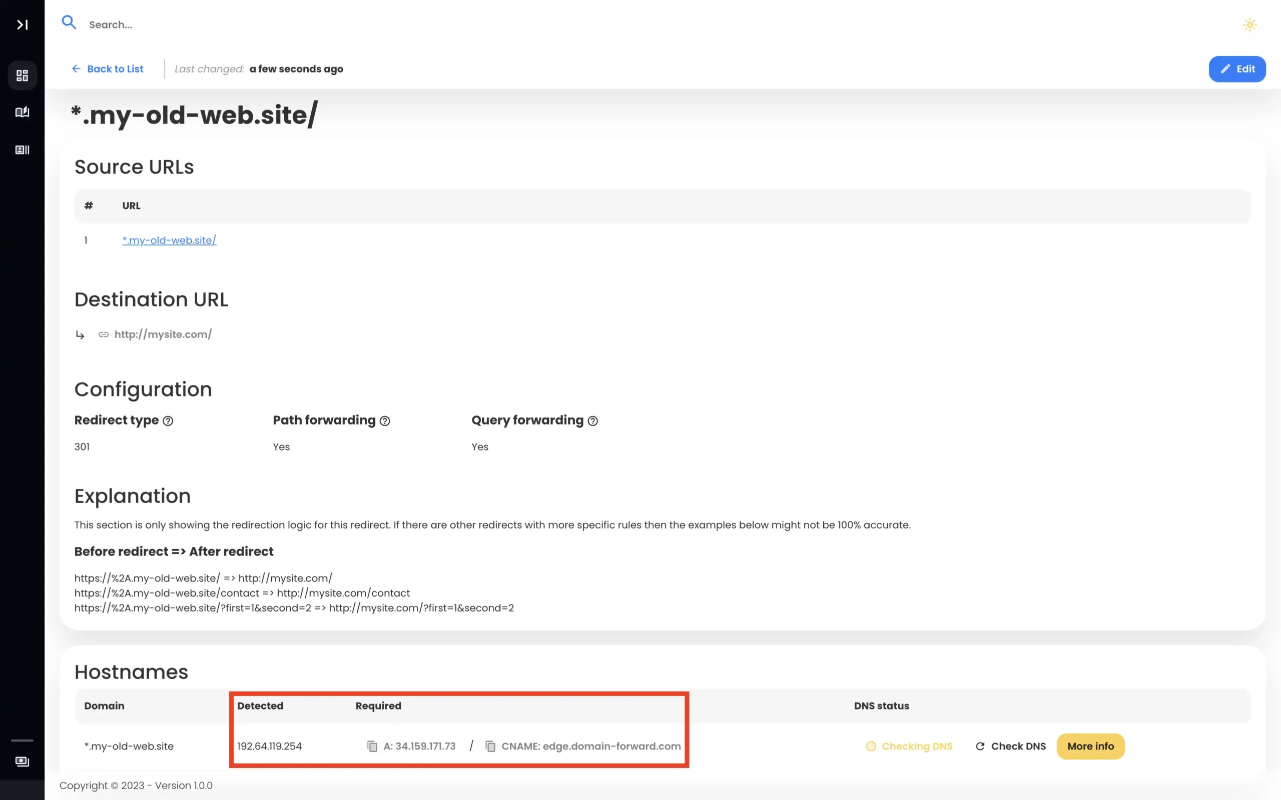 Invalid DNS entry detected after creating the wildcard redirect