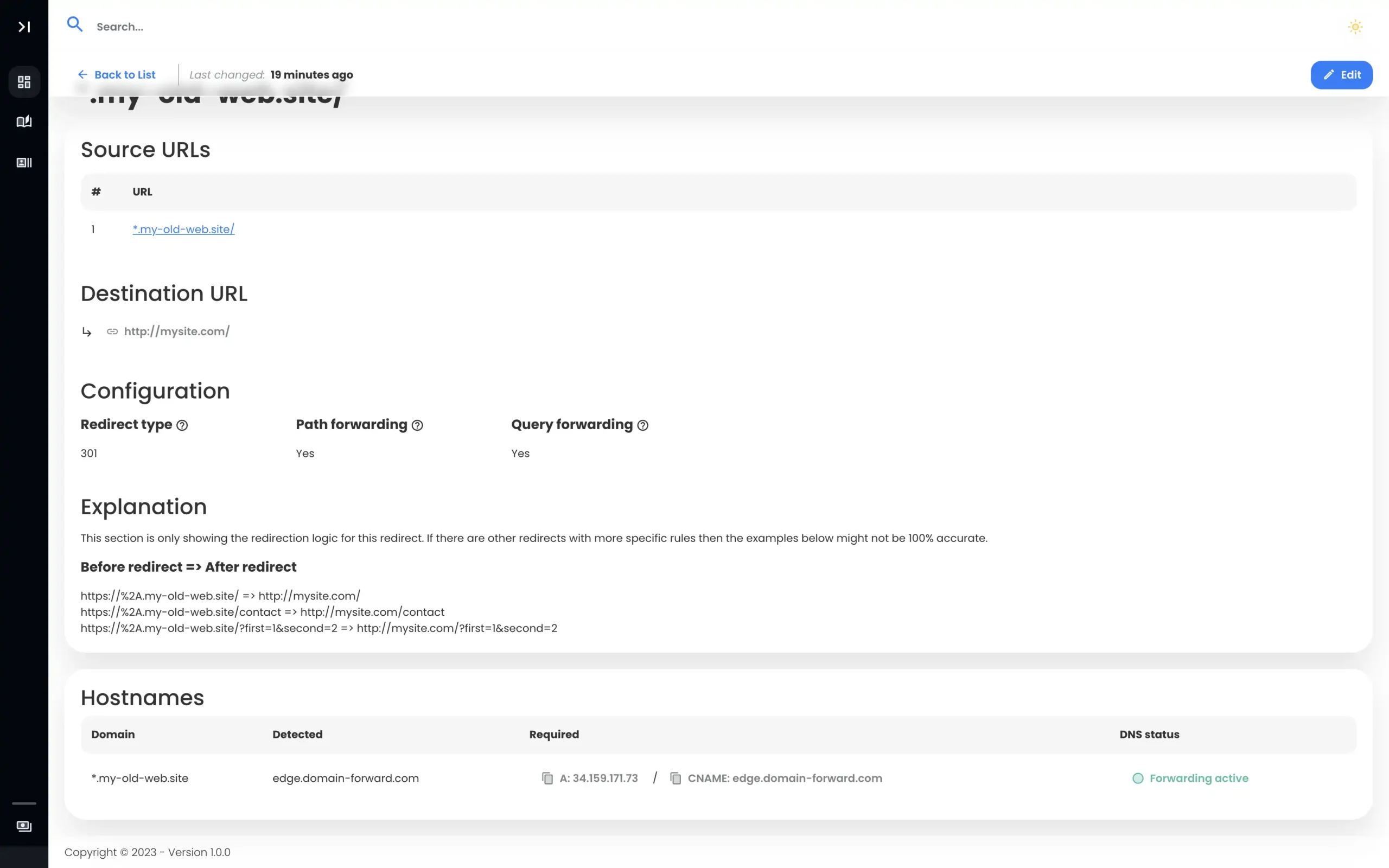 Domain Forward is forwarding the traffic as the correct DNS settings have been detected