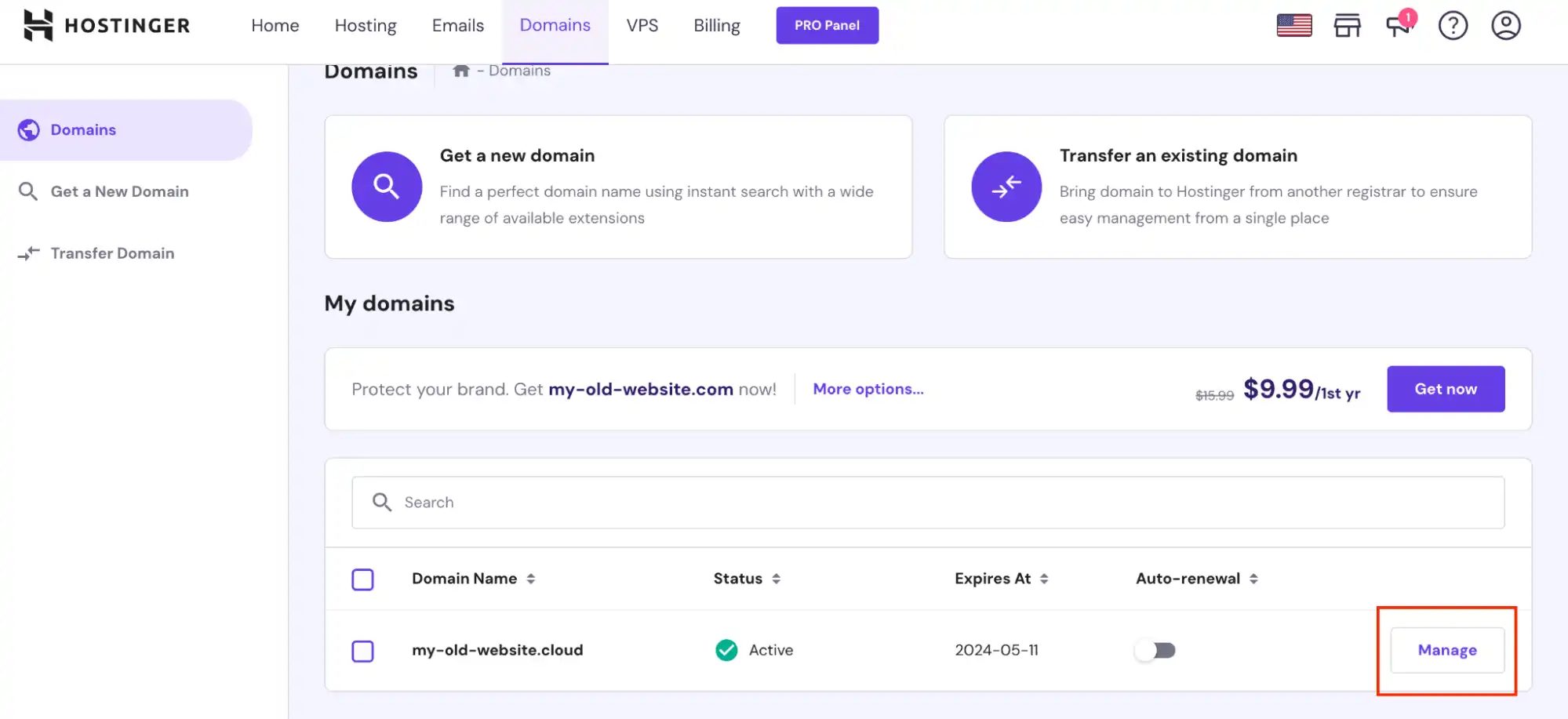 Hostinger manage domain button that takes you to the specific domain details