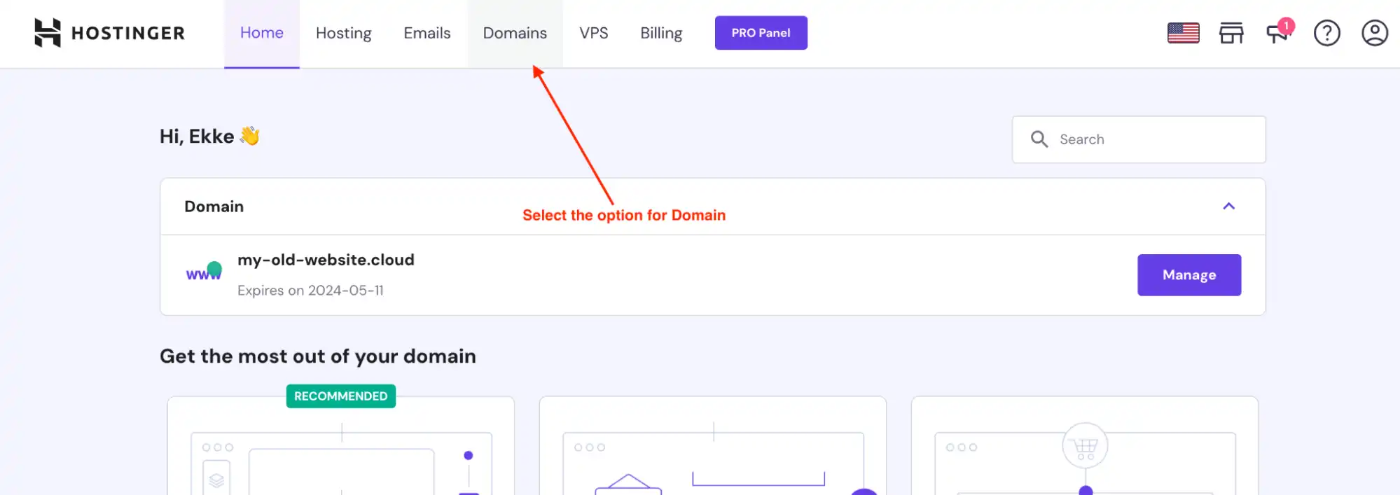 Hostinger dashboard menu item to select for domain management