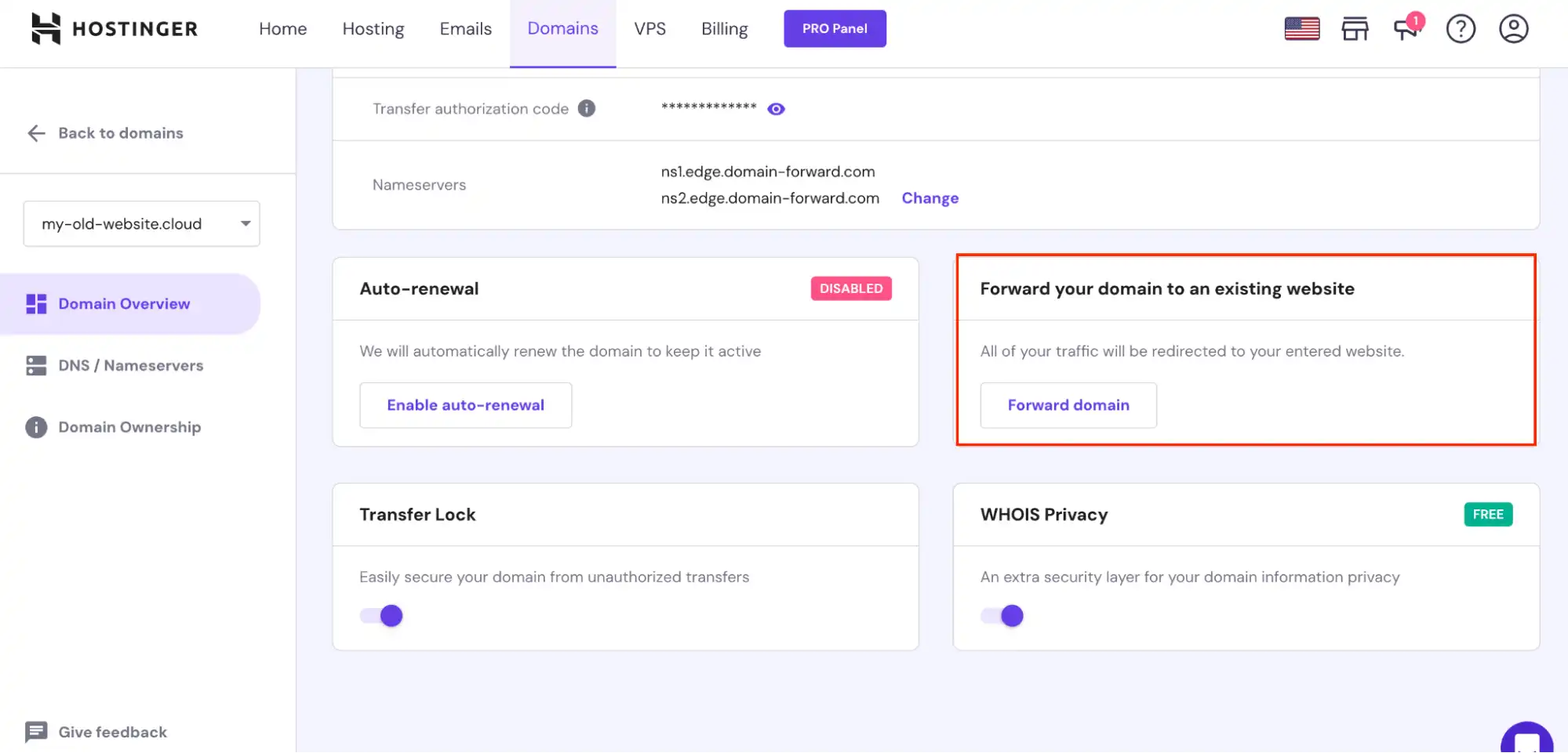 Hostinger forward domain section on the domain management page