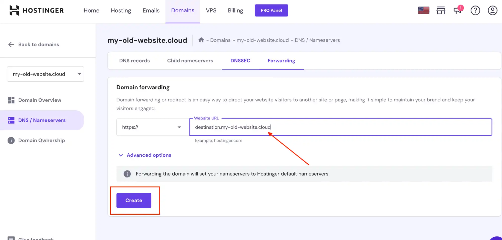 Hostinger domain forwarding form where you need to input the destination website URL